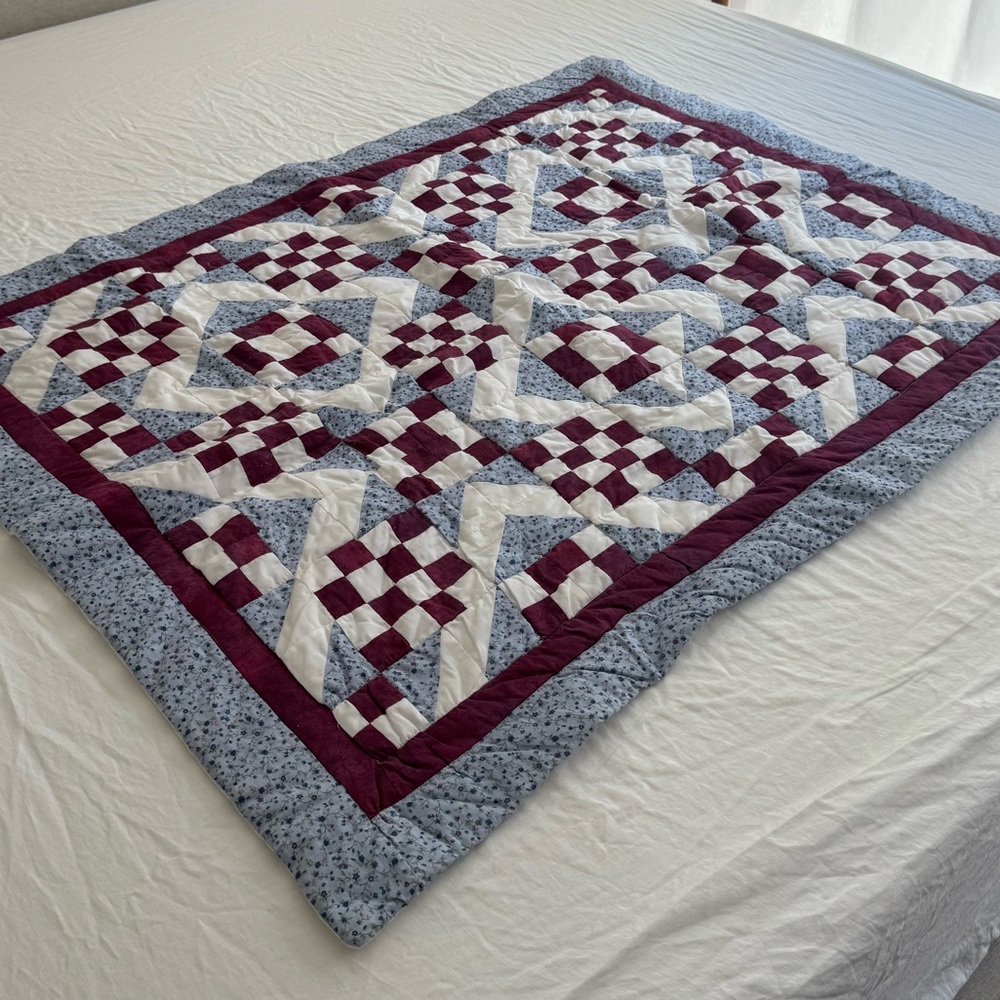 Elegant Patchwork Quilt - Burgundy and Blue crib machine sewn